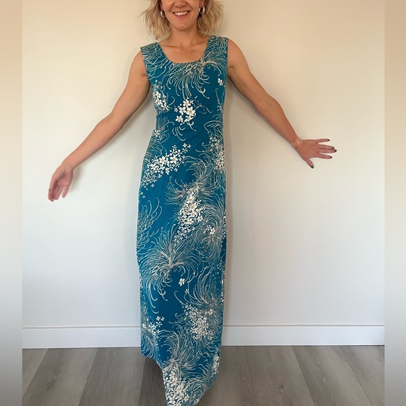 Vintage homemade teal floral maxi dress size 4 - Picture 3 of 11